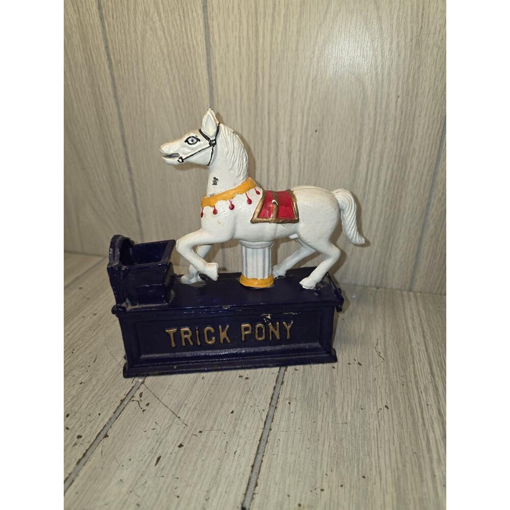Vintage Antique Mechanical Cast Iron Trick Pony Coin Bank Horse Lever Works